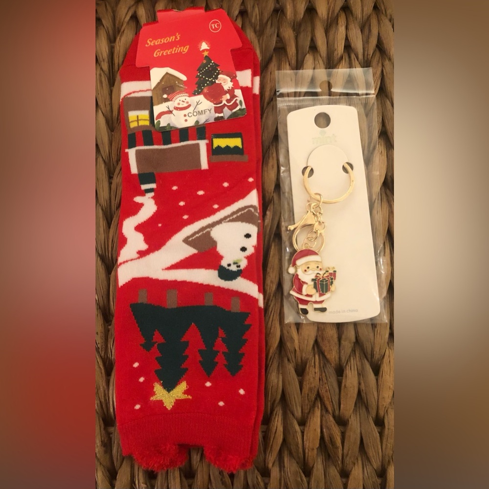 Red Christmas Socks and Santa Keychain Set - Christmas Holiday Season Continues
